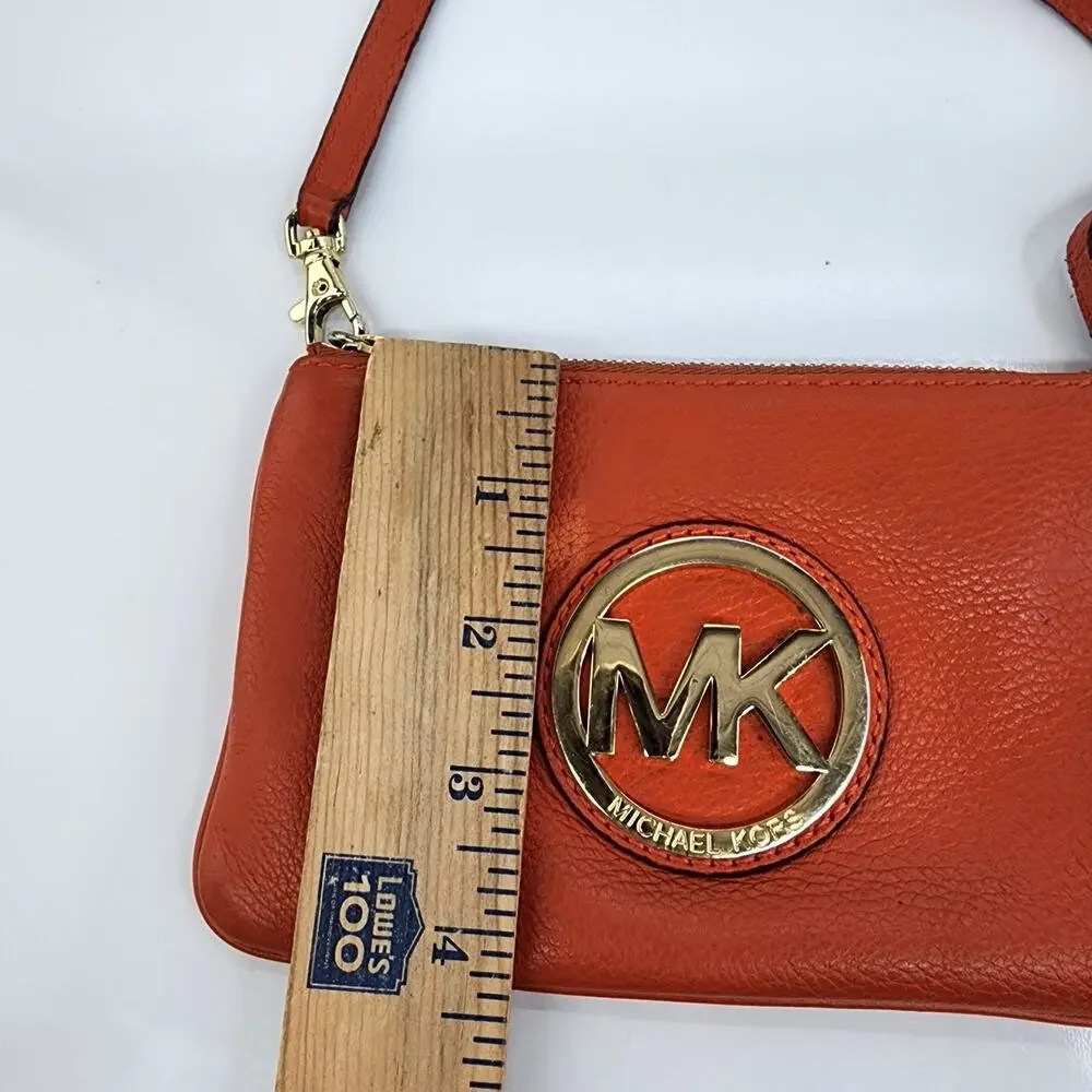 Michael Kors Fulton Wristlet Clementine Leather Orange Zip Clutch 7" Strap Flaws - Picture 10 of 12